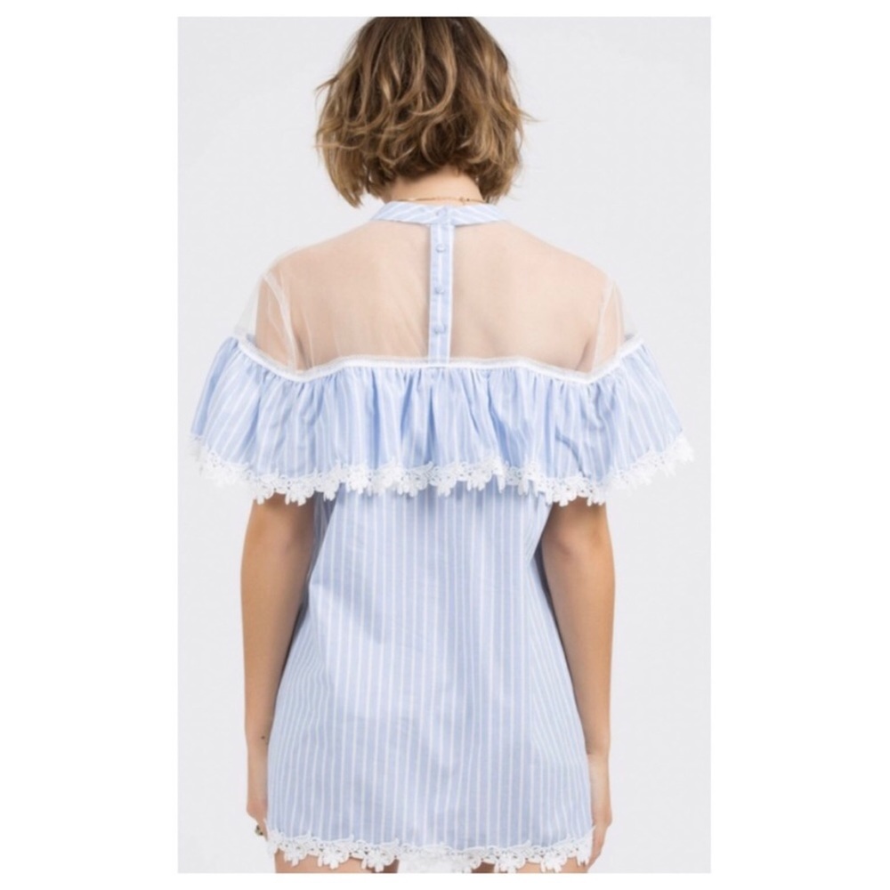 POL Blue White PinStripe Mesh & Lace Tunic Blouse - Picture 9 of 10